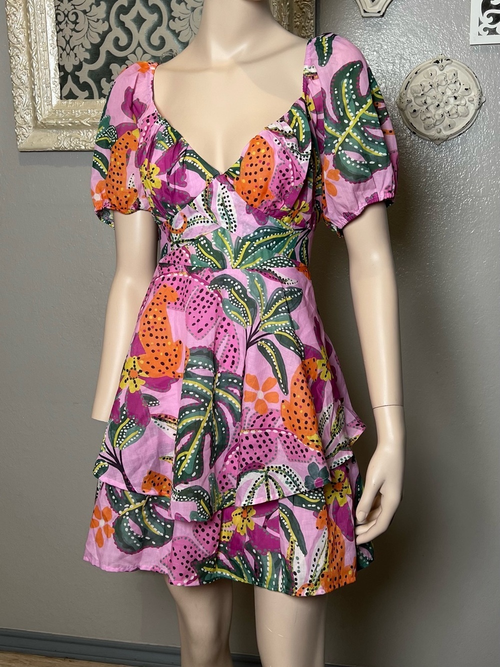 Women's Pink Tropical Print Puff Sleeve Mini Dress By Crystal Doll